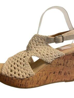 Jellypop Beige Crochet Sandals Platform Wedge Slingback Buckle Cork Heel Sz 11